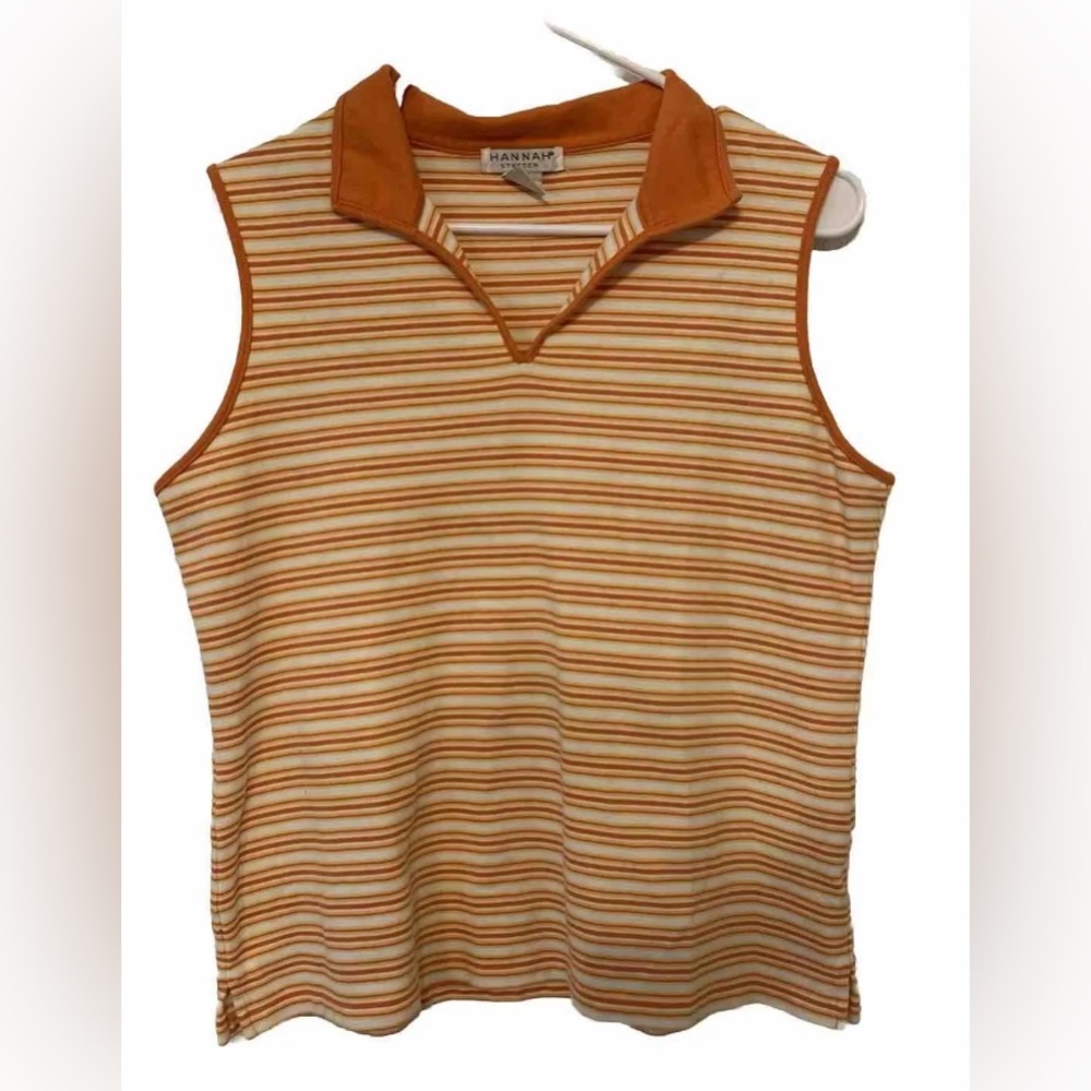 Hannah Stretch Sz L Sleeveless Top Blouse Shirt Button Front Orange Stripes 90s